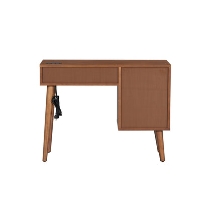 39 Retro Bohemian Style Wooden Makeup Vanity Set with Charging Plug&USB Port and Stool, Dressing Table with 3 Storage Drawers and 1 Rectangular Rattan Drawer, Walnut