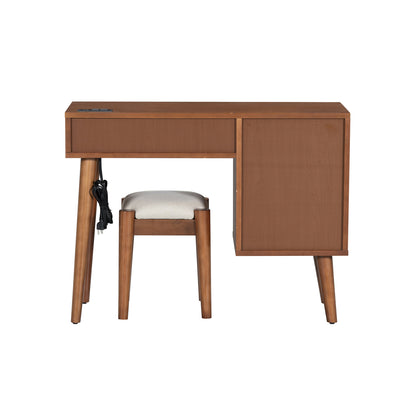 39 Retro Bohemian Style Wooden Makeup Vanity Set with Charging Plug&USB Port and Stool, Dressing Table with 3 Storage Drawers and 1 Rectangular Rattan Drawer, Walnut