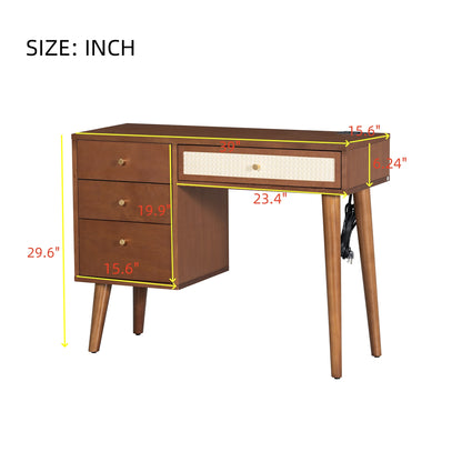 39 Retro Bohemian Style Wooden Makeup Vanity Set with Charging Plug&USB Port and Stool, Dressing Table with 3 Storage Drawers and 1 Rectangular Rattan Drawer, Walnut