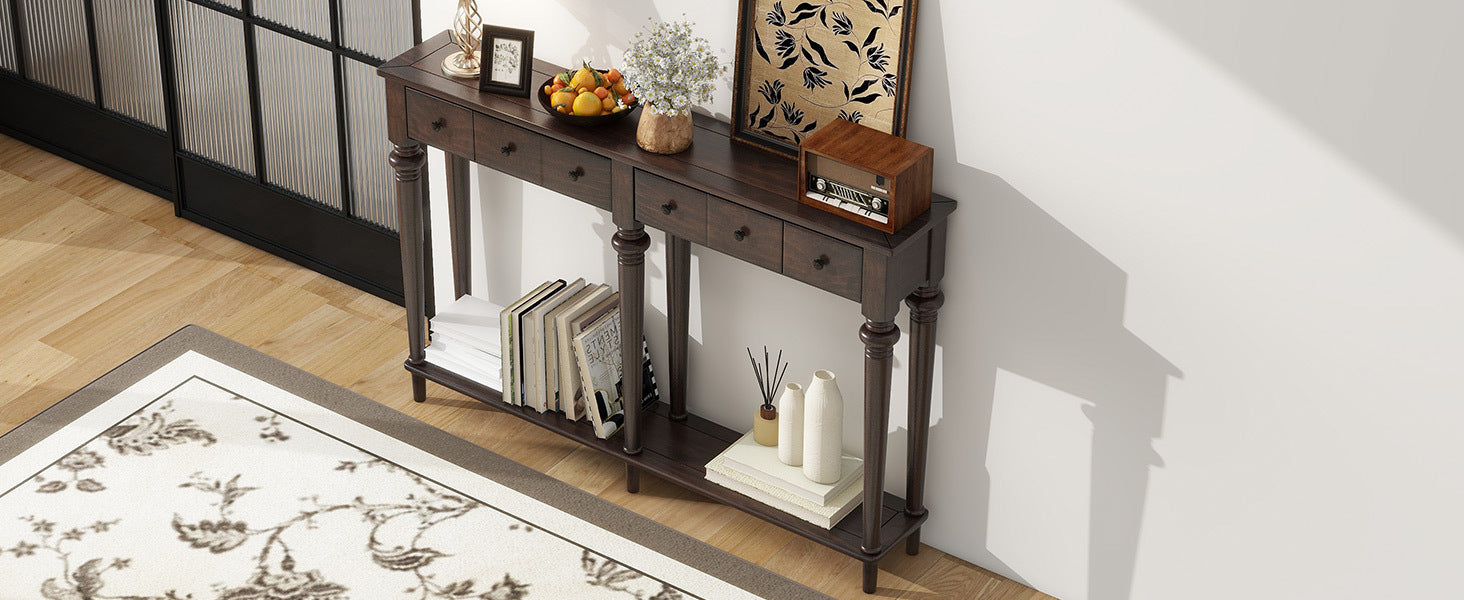TREXM Entryway Table with 4 Drawers, Retro Console Table with Open Shelf for Entryways, Living Rooms, and Hallways (Espresso)