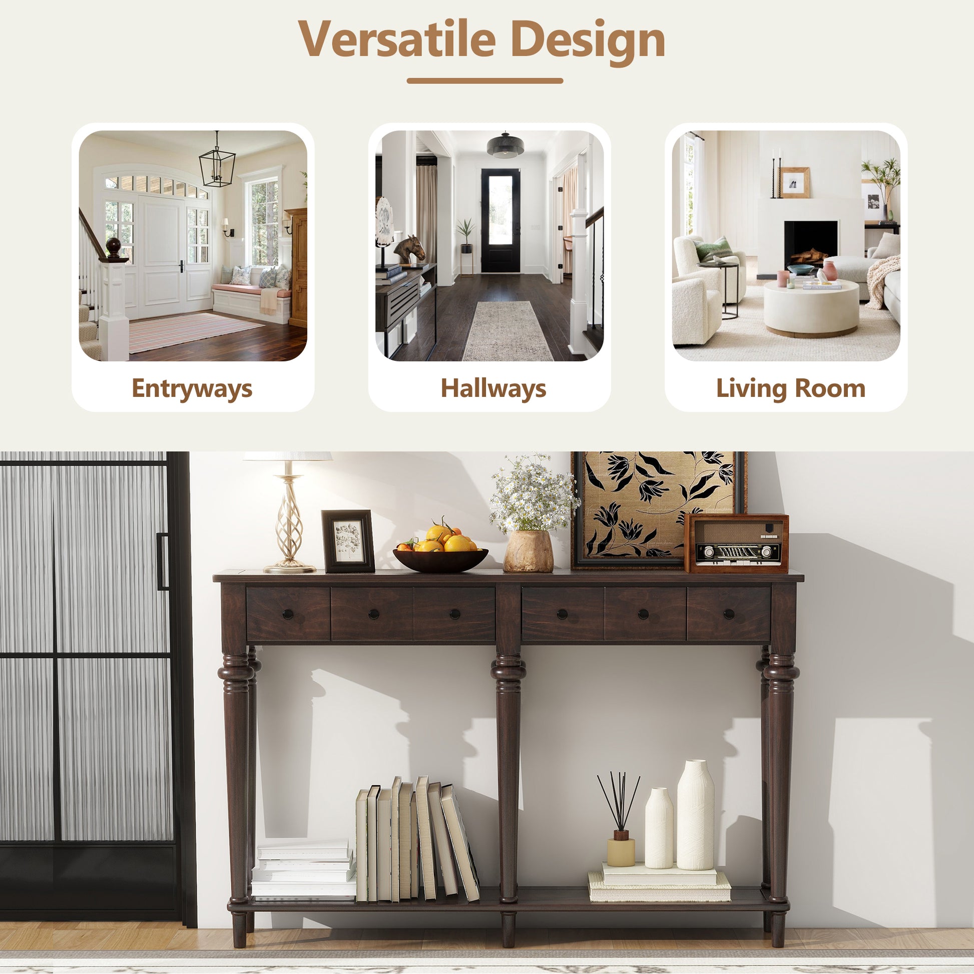 TREXM Entryway Table with 4 Drawers, Retro Console Table with Open Shelf for Entryways, Living Rooms, and Hallways (Espresso)