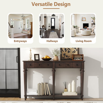 TREXM Entryway Table with 4 Drawers, Retro Console Table with Open Shelf for Entryways, Living Rooms, and Hallways (Espresso)