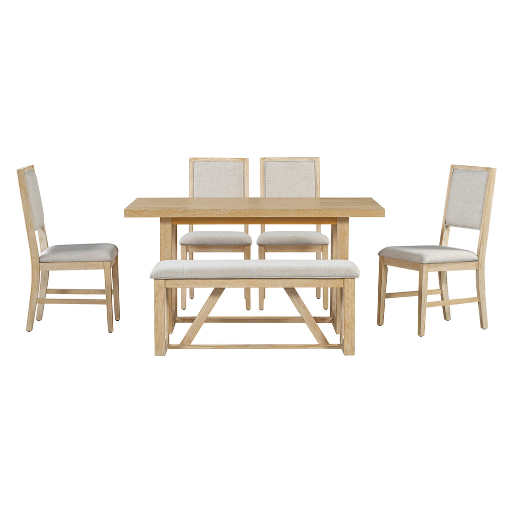 TREXM 6-Piece Retro Dining Set, 1 Rectangular Table with Designed Trestle Base and 4 Upholstered Chairs and 1 Bench for Dining Room and Kitchen (Natural)
