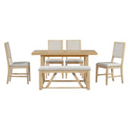 TREXM 6-Piece Retro Dining Set, 1 Rectangular Table with Designed Trestle Base and 4 Upholstered Chairs and 1 Bench for Dining Room and Kitchen (Natural)