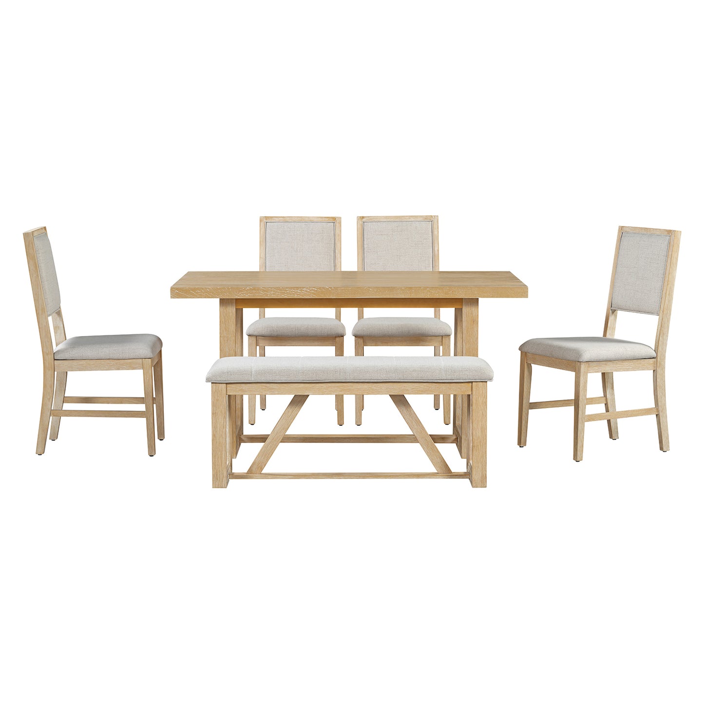 TREXM 6-Piece Retro Dining Set, 1 Rectangular Table with Designed Trestle Base and 4 Upholstered Chairs and 1 Bench for Dining Room and Kitchen (Natural)