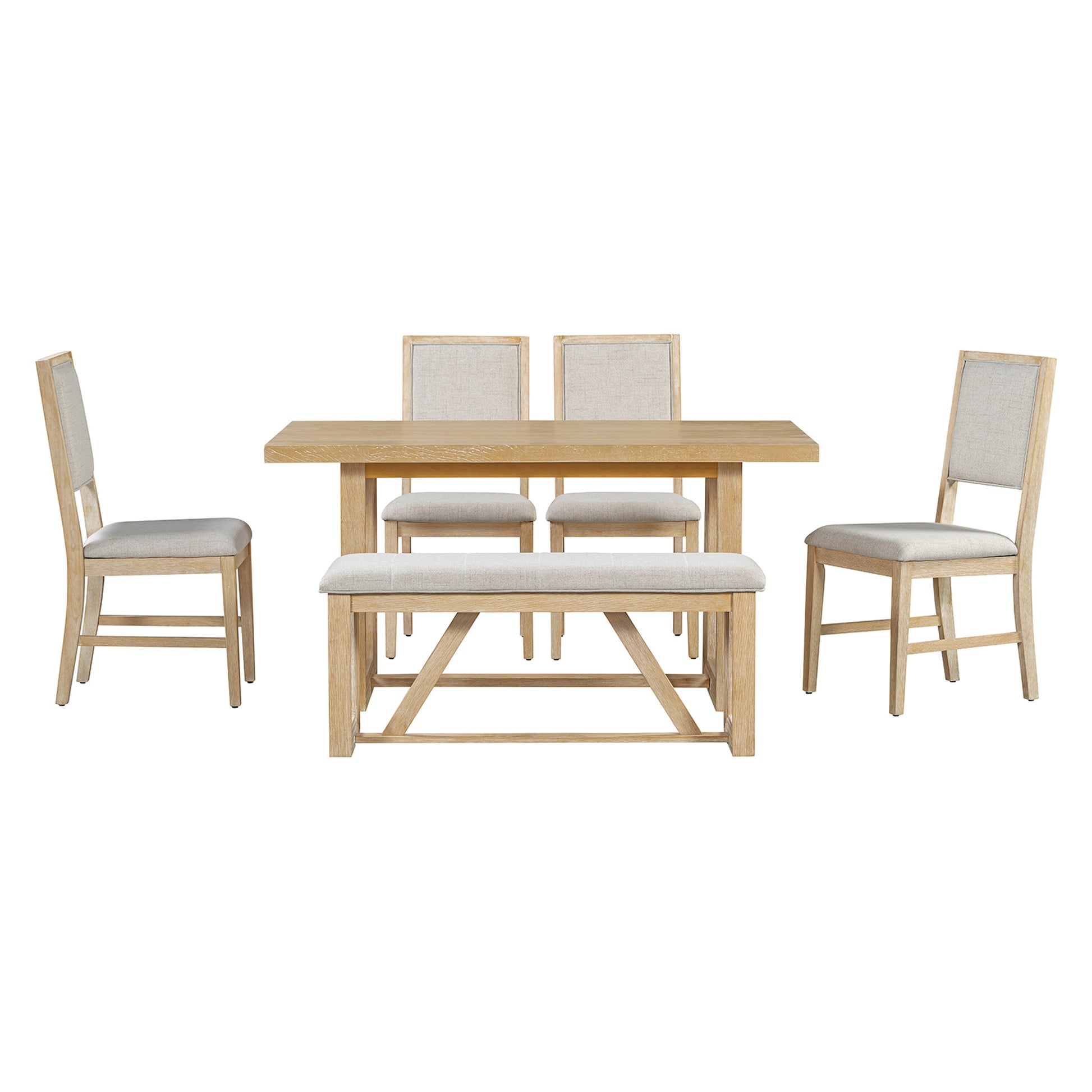 TREXM 6-Piece Retro Dining Set, 1 Rectangular Table with Designed Trestle Base and 4 Upholstered Chairs and 1 Bench for Dining Room and Kitchen (Natural)