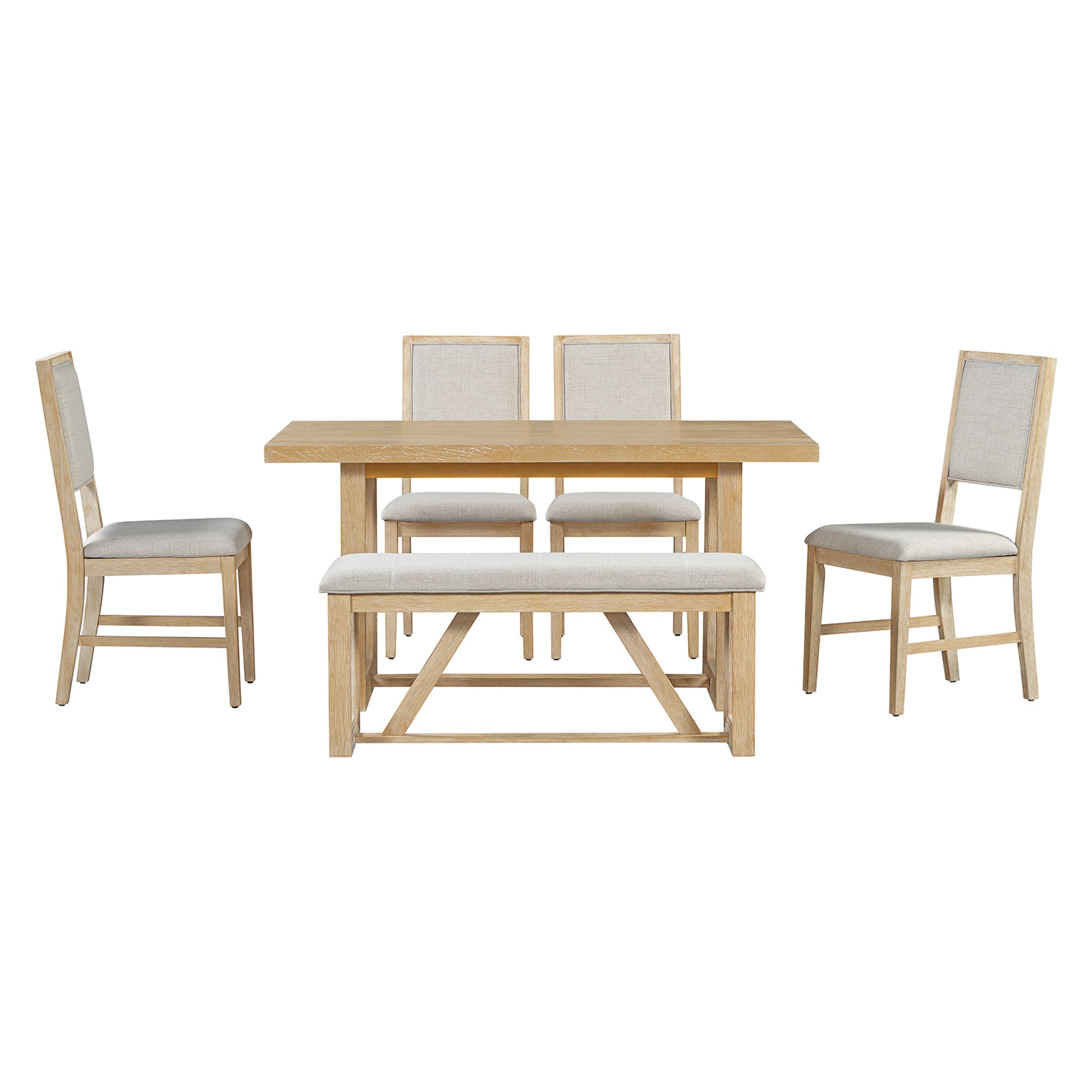 TREXM 6-Piece Retro Dining Set, 1 Rectangular Table with Designed Trestle Base and 4 Upholstered Chairs and 1 Bench for Dining Room and Kitchen (Natural)