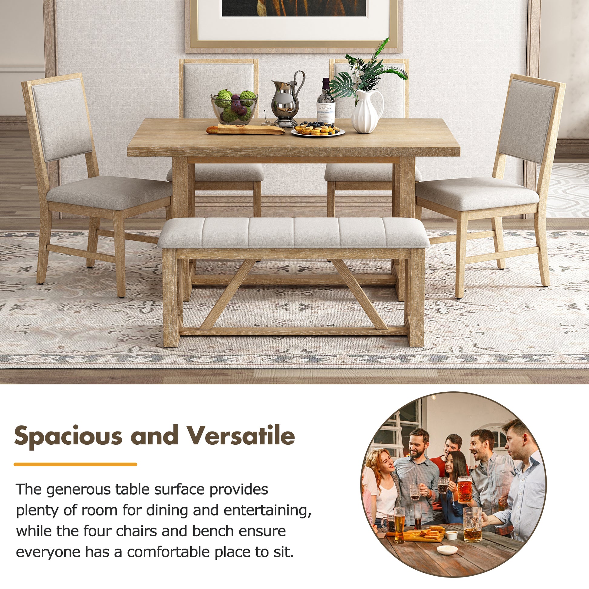 TREXM 6-Piece Retro Dining Set, 1 Rectangular Table with Designed Trestle Base and 4 Upholstered Chairs and 1 Bench for Dining Room and Kitchen (Natural)