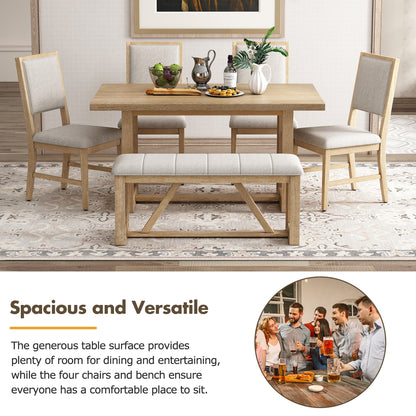 TREXM 6-Piece Retro Dining Set, 1 Rectangular Table with Designed Trestle Base and 4 Upholstered Chairs and 1 Bench for Dining Room and Kitchen (Natural)
