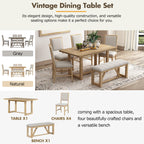 TREXM 6-Piece Retro Dining Set, 1 Rectangular Table with Designed Trestle Base and 4 Upholstered Chairs and 1 Bench for Dining Room and Kitchen (Natural)