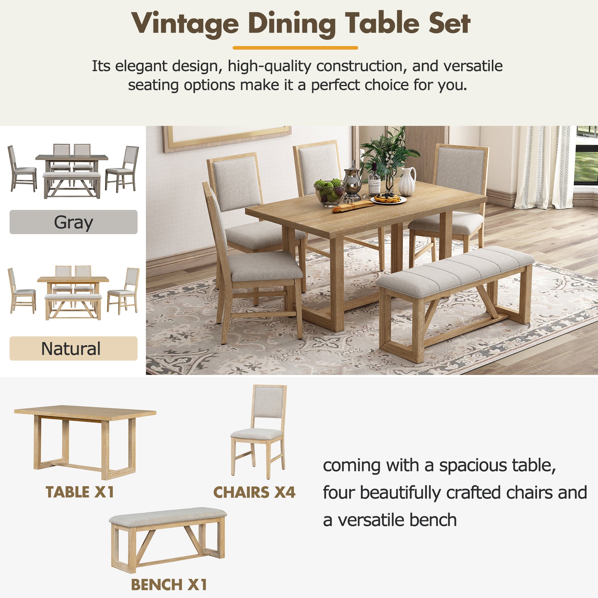 TREXM 6-Piece Retro Dining Set, 1 Rectangular Table with Designed Trestle Base and 4 Upholstered Chairs and 1 Bench for Dining Room and Kitchen (Natural)