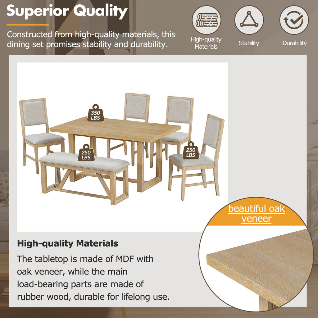 TREXM 6-Piece Retro Dining Set, 1 Rectangular Table with Designed Trestle Base and 4 Upholstered Chairs and 1 Bench for Dining Room and Kitchen (Natural)