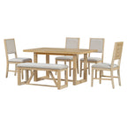 TREXM 6-Piece Retro Dining Set, 1 Rectangular Table with Designed Trestle Base and 4 Upholstered Chairs and 1 Bench for Dining Room and Kitchen (Natural)