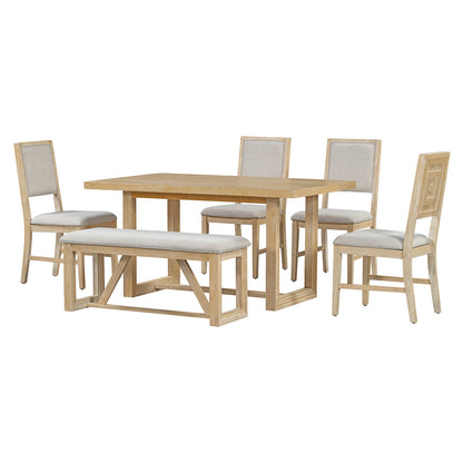 TREXM 6-Piece Retro Dining Set, 1 Rectangular Table with Designed Trestle Base and 4 Upholstered Chairs and 1 Bench for Dining Room and Kitchen (Natural)