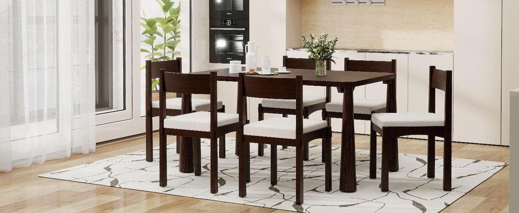 TREXM 7-Piece Retro Dining Table Set for 6, Wood Dining Table Set for 6 with Upholstered Chairs for kitchen & Dining Room (Espresso)