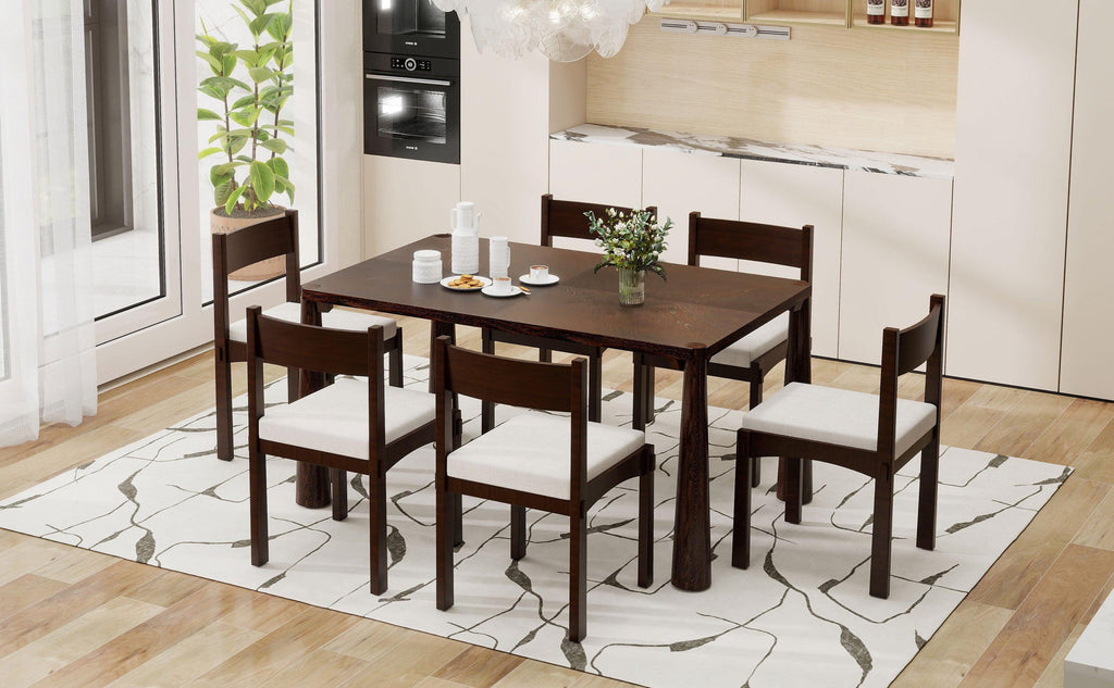 TREXM 7-Piece Retro Dining Table Set for 6, Wood Dining Table Set for 6 with Upholstered Chairs for kitchen & Dining Room (Espresso)