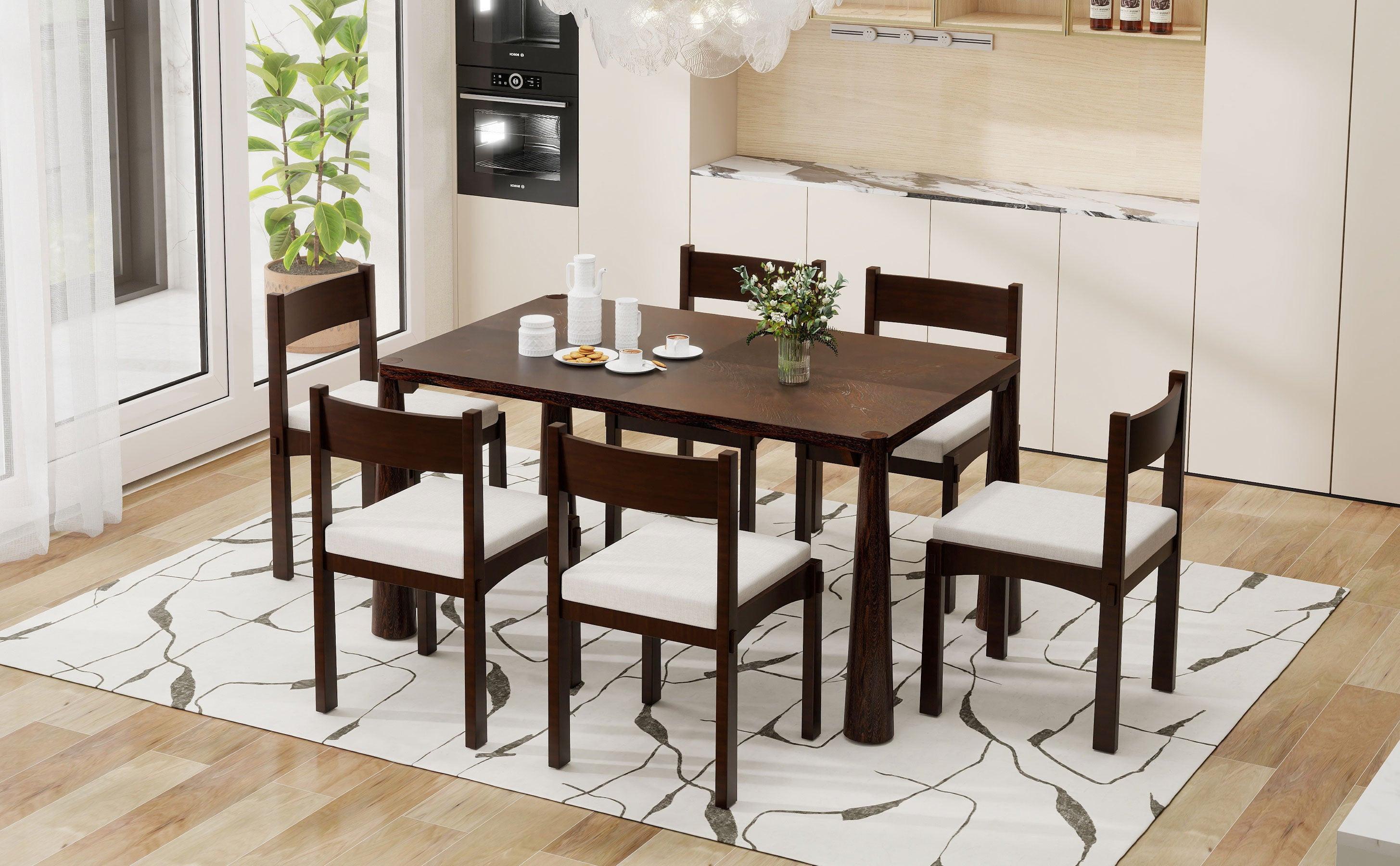 TREXM 7-Piece Retro Dining Table Set for 6, Wood Dining Table Set for 6 with Upholstered Chairs for kitchen & Dining Room (Espresso)