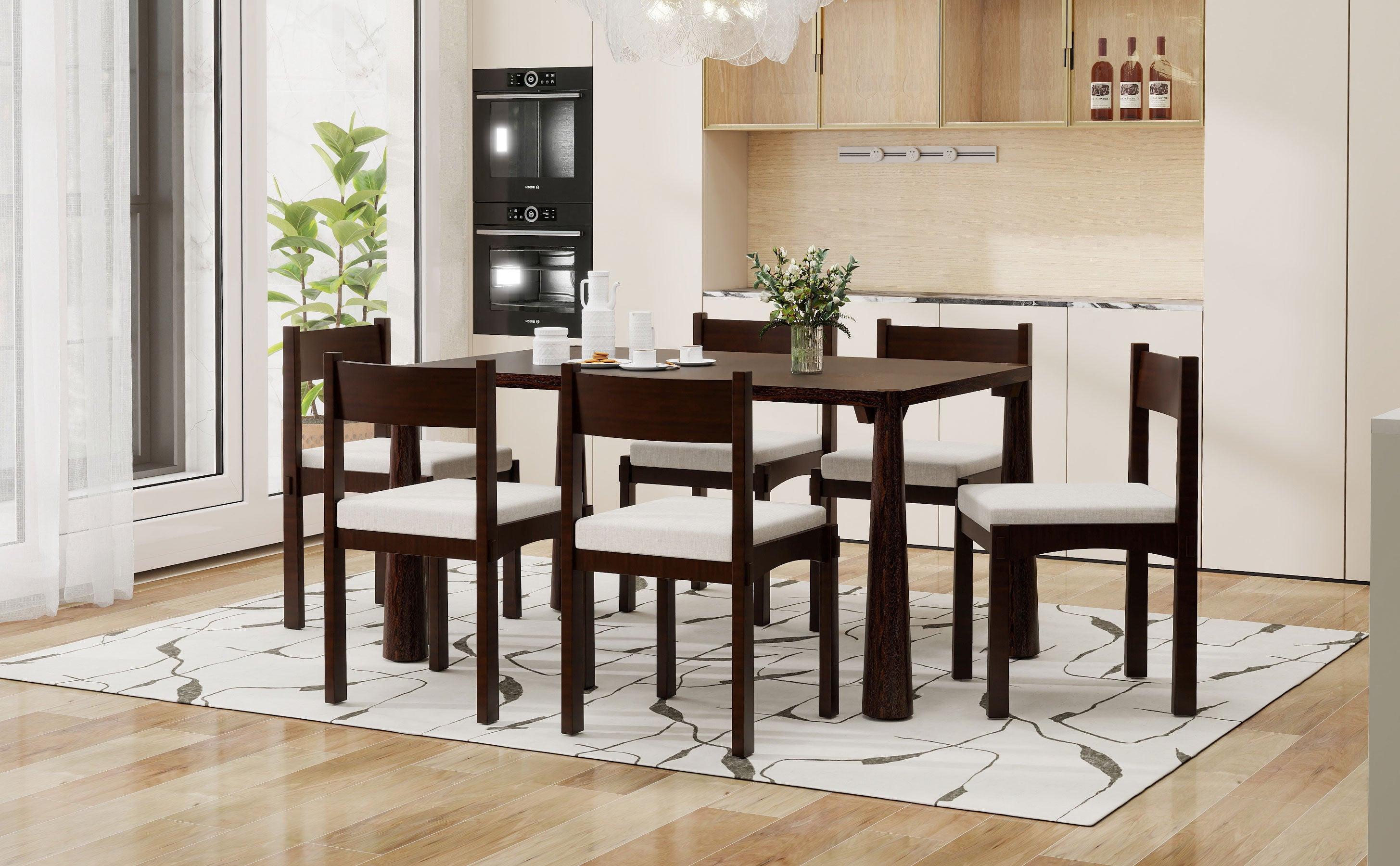 TREXM 7-Piece Retro Dining Table Set for 6, Wood Dining Table Set for 6 with Upholstered Chairs for kitchen & Dining Room (Espresso)