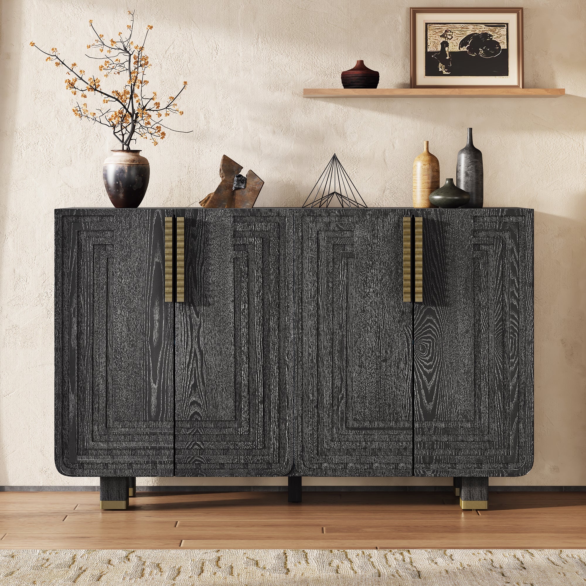 TREXM 54' Retro Buffet Cabinet with Storage, 4-Door Vintage Fluted Sideboard Cabinet with Adjustable Shelves for Dining Room, Kitchen, and Living Room (Black) Sideboard