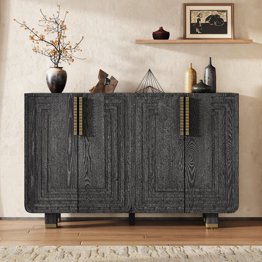 TREXM 54' Retro Buffet Cabinet with Storage, 4-Door Vintage Fluted Sideboard Cabinet with Adjustable Shelves for Dining Room, Kitchen, and Living Room (Black) Sideboard