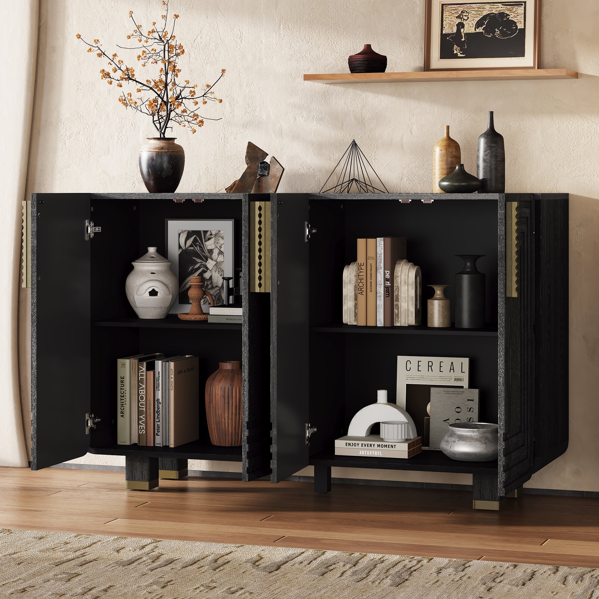 TREXM 54' Retro Buffet Cabinet with Storage, 4-Door Vintage Fluted Sideboard Cabinet with Adjustable Shelves for Dining Room, Kitchen, and Living Room (Black) Sideboard