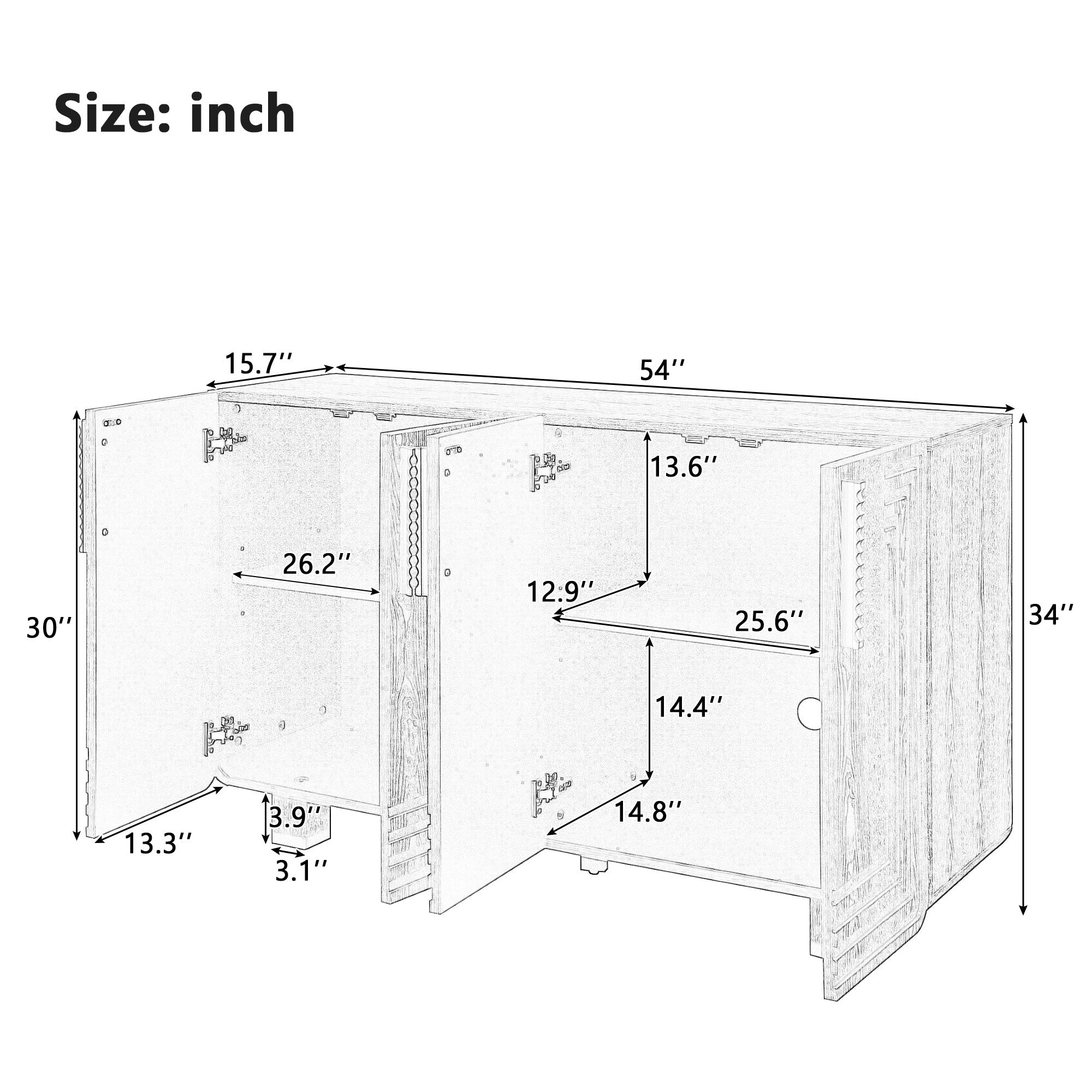 TREXM 54' Retro Buffet Cabinet with Storage, 4-Door Vintage Fluted Sideboard Cabinet with Adjustable Shelves for Dining Room, Kitchen, and Living Room (Black) Sideboard