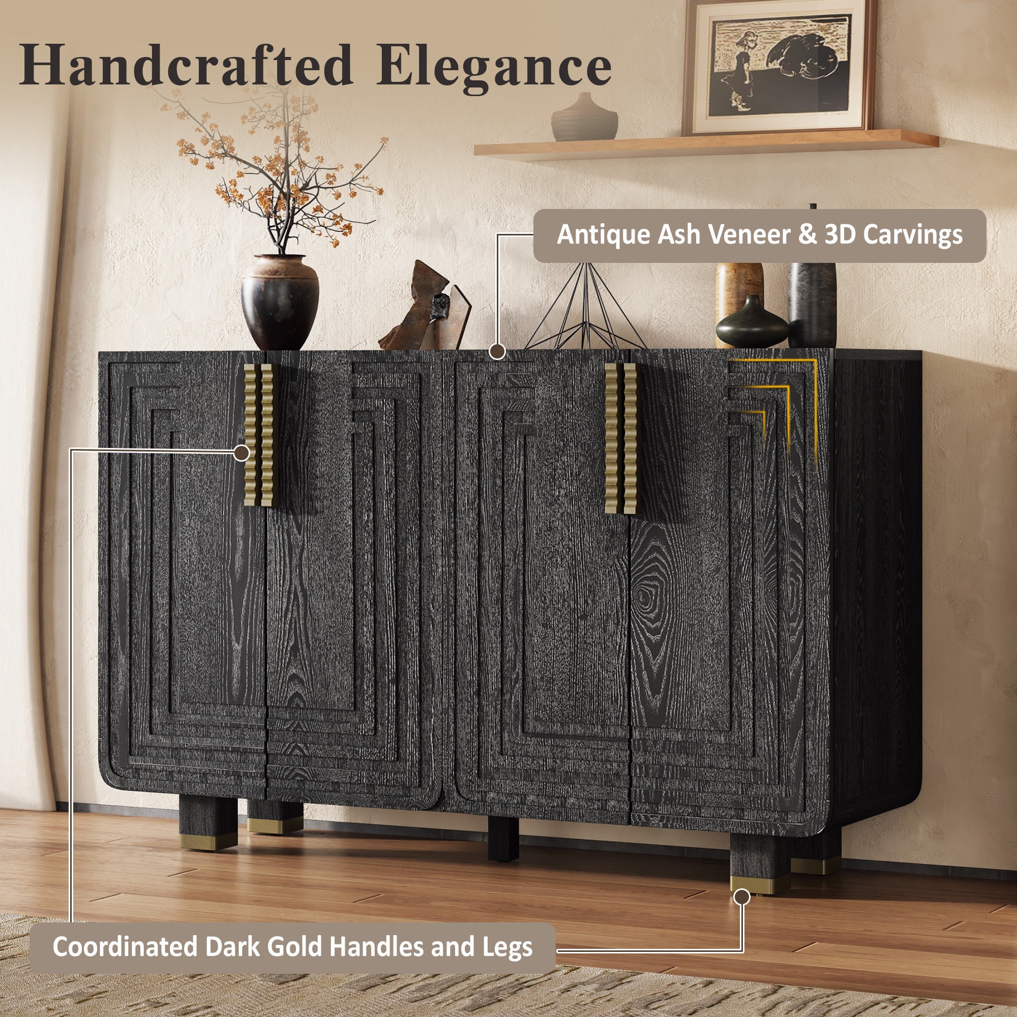 TREXM 54' Retro Buffet Cabinet with Storage, 4-Door Vintage Fluted Sideboard Cabinet with Adjustable Shelves for Dining Room, Kitchen, and Living Room (Black) Sideboard