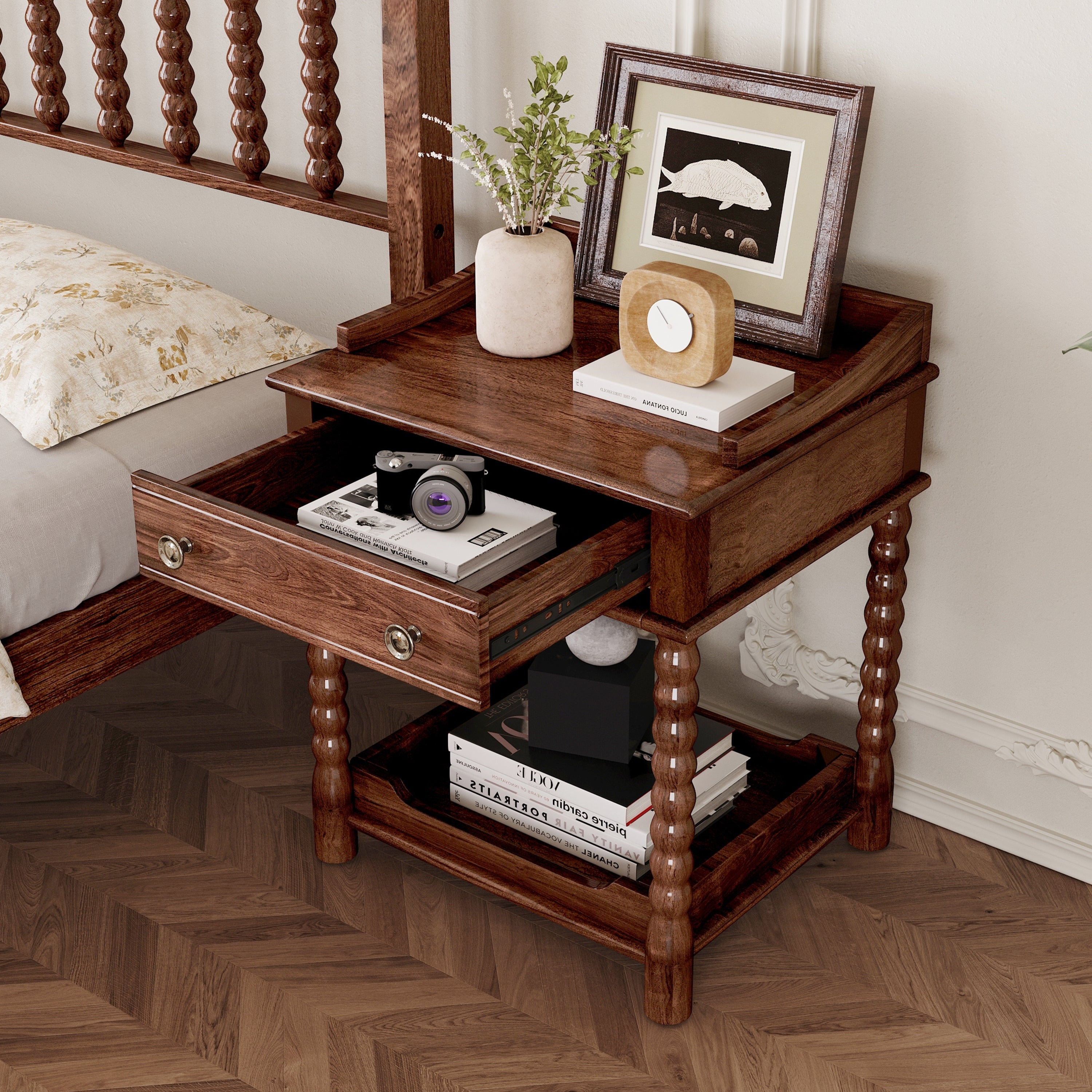 Retro Style Nightstand with Drawer and Open Shelf for Bedroom, Bedside Table with Turned Legs and Metal Handle,Walnut