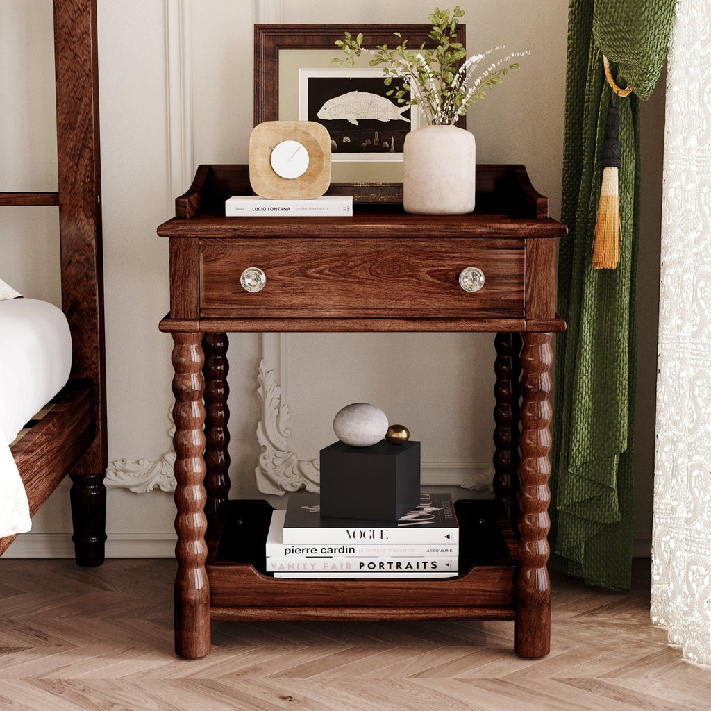 Retro Style Walnut Bedside Table With Drawer And Open Shelf.