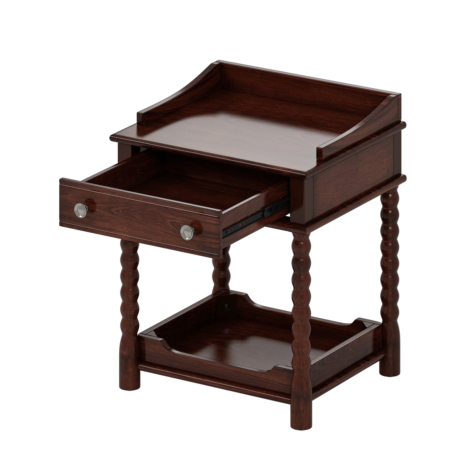 Retro Style Nightstand with Drawer and Open Shelf for Bedroom, Bedside Table with Turned Legs and Metal Handle,Walnut
