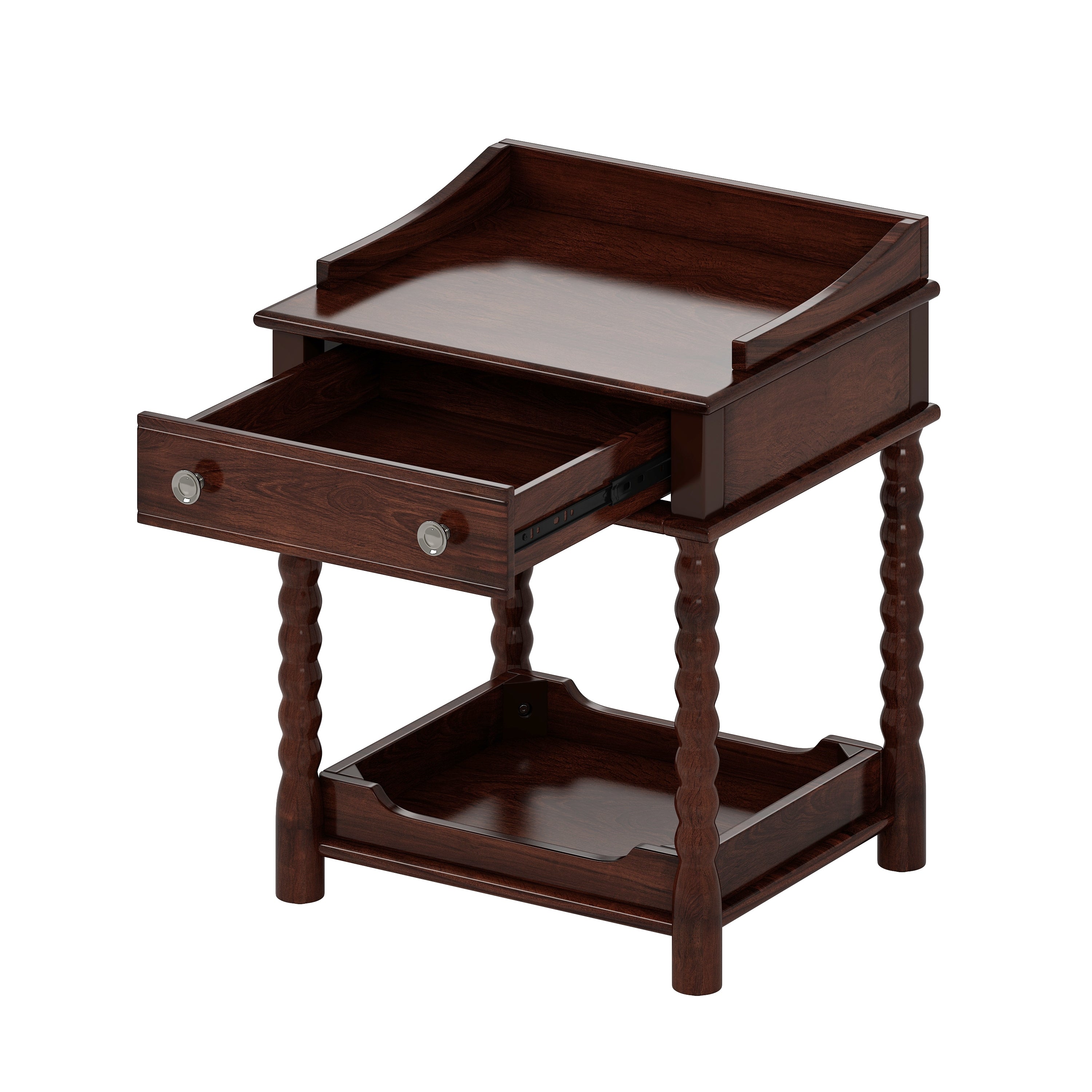 Retro Style Nightstand with Drawer and Open Shelf for Bedroom, Bedside Table with Turned Legs and Metal Handle,Walnut