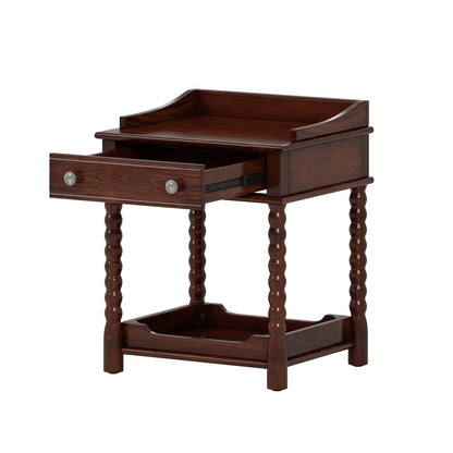 Retro Style Nightstand with Drawer and Open Shelf for Bedroom, Bedside Table with Turned Legs and Metal Handle,Walnut