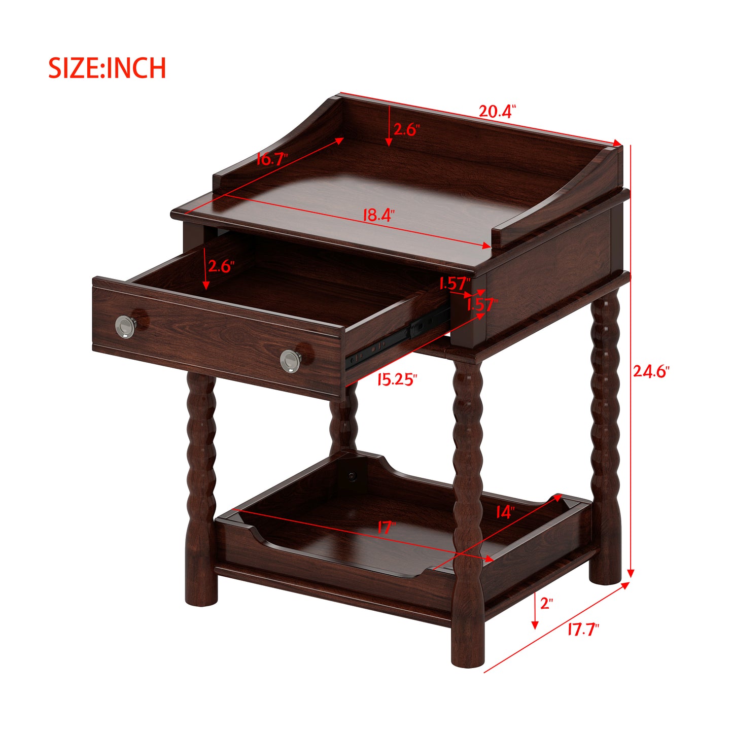 Retro Style Nightstand with Drawer and Open Shelf for Bedroom, Bedside Table with Turned Legs and Metal Handle,Walnut
