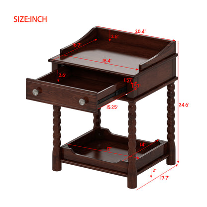 Retro Style Nightstand with Drawer and Open Shelf for Bedroom, Bedside Table with Turned Legs and Metal Handle,Walnut