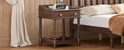 Retro Style Nightstand with Drawer and Open Shelf for Bedroom, Bedside Table with Turned Legs and Metal Handle,Walnut