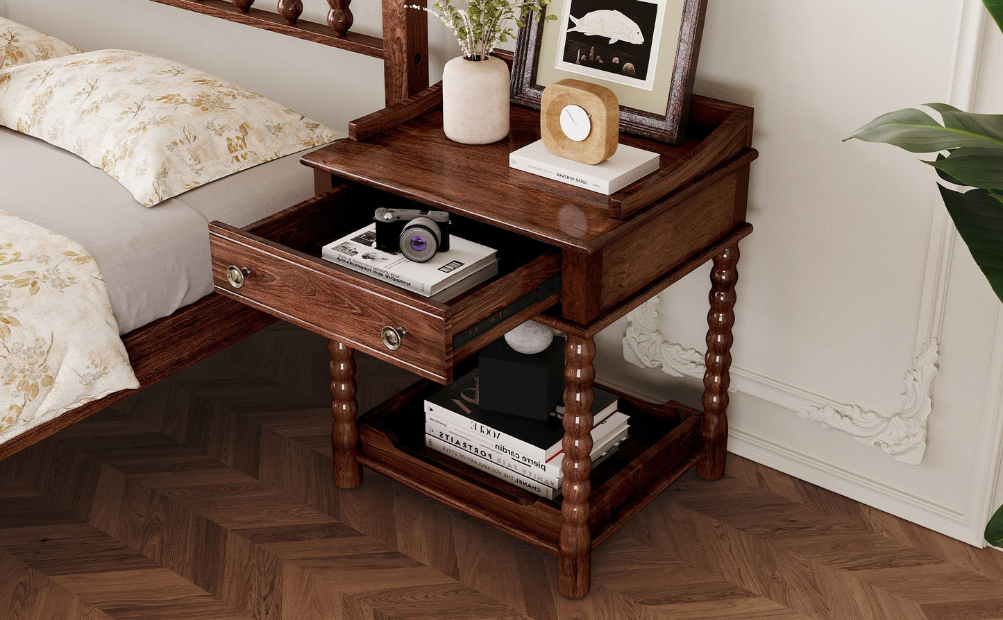 Retro Style Nightstand with Drawer and Open Shelf for Bedroom, Bedside Table with Turned Legs and Metal Handle,Walnut