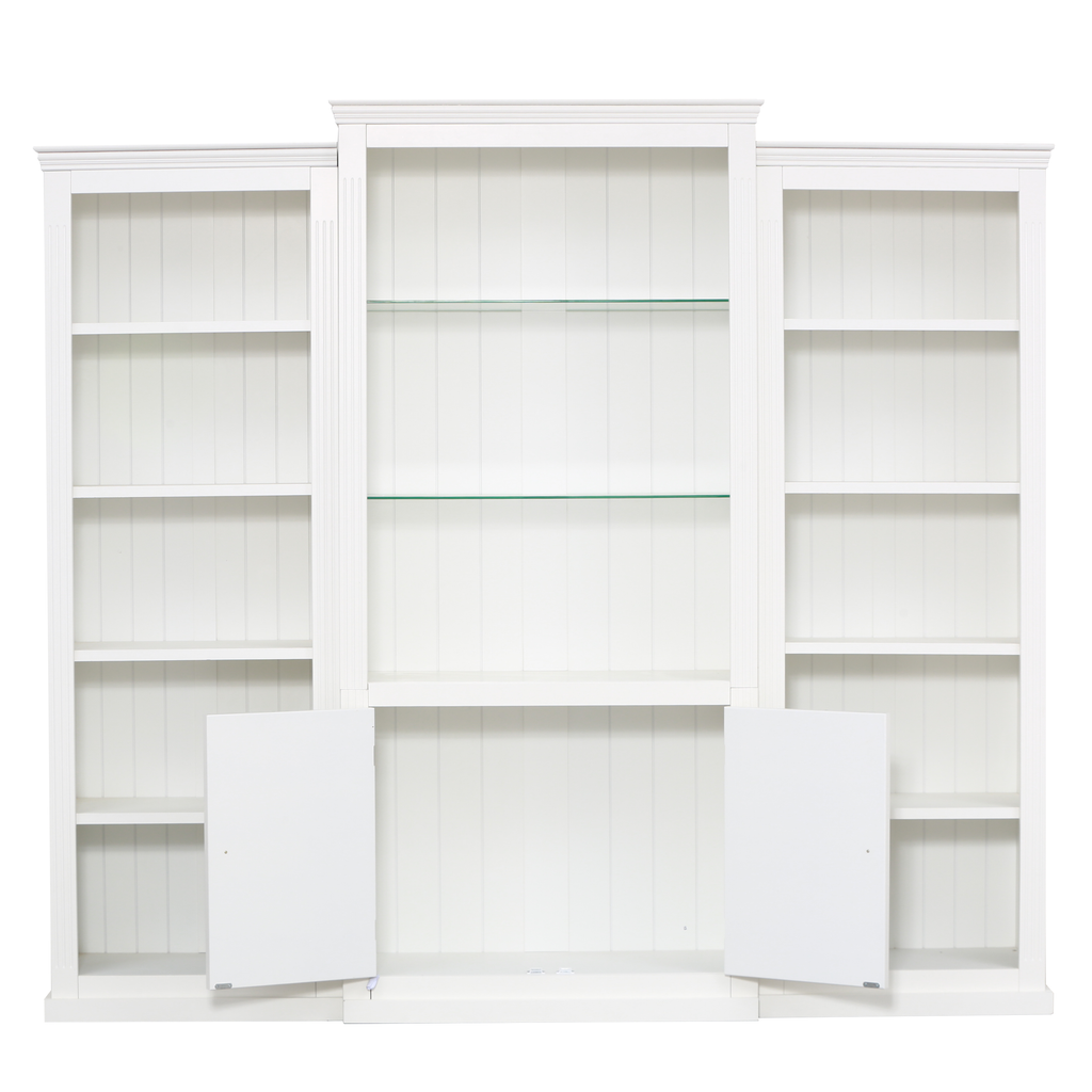 78.75'' Tall 3-Pieces Bookcase Display Cabinet with 5 Colors Adjustable LED Ceiling Light, Retro style Bookshelves with tempered glass shelves for Living Room, Office, Studio or Workspace, White