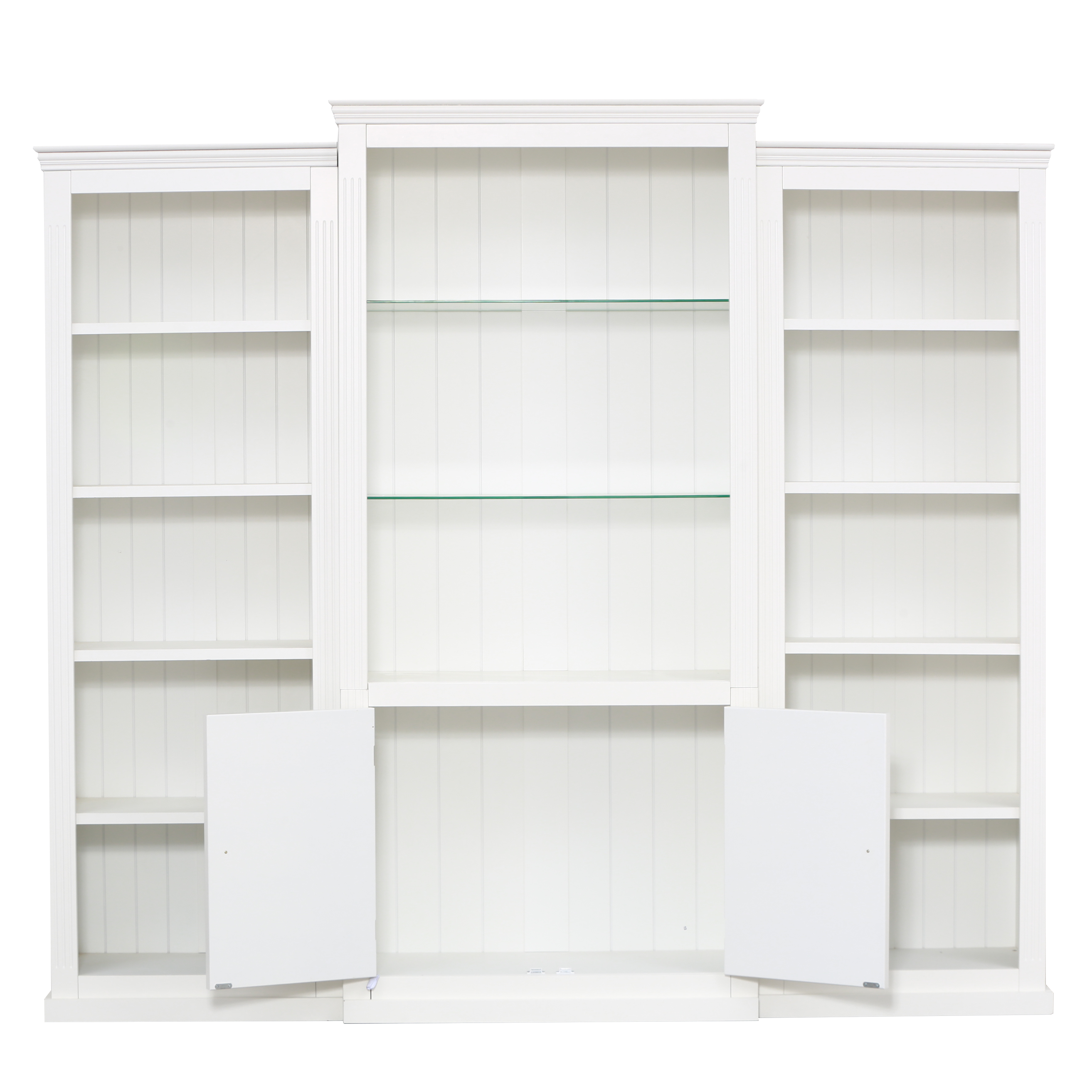 78.75'' Tall 3-Pieces Bookcase Display Cabinet with 5 Colors Adjustable LED Ceiling Light, Retro style Bookshelves with tempered glass shelves for Living Room, Office, Studio or Workspace, White