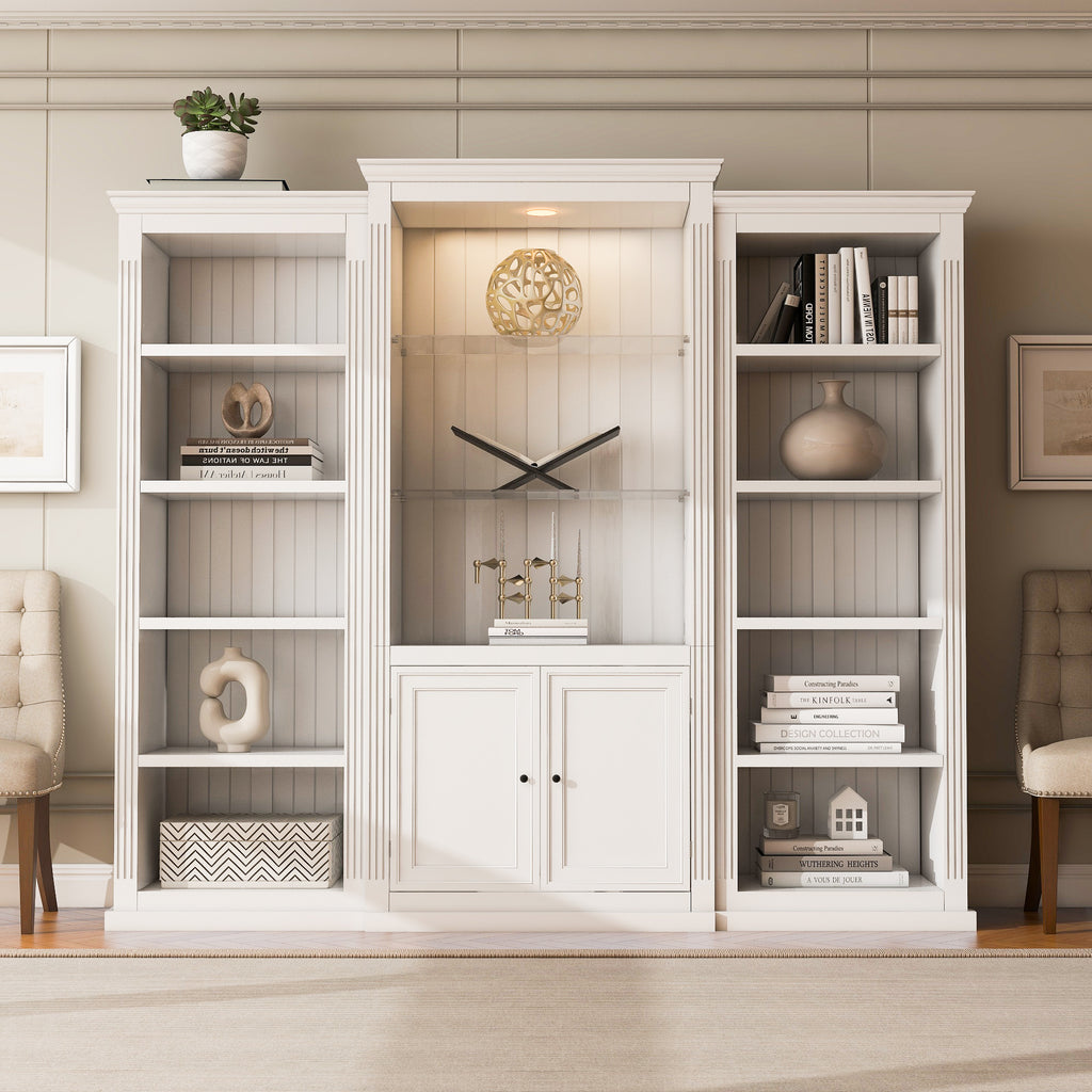 78.75'' Tall 3-Pieces Bookcase Display Cabinet with 5 Colors Adjustable LED Ceiling Light, Retro style Bookshelves with tempered glass shelves for Living Room, Office, Studio or Workspace, White