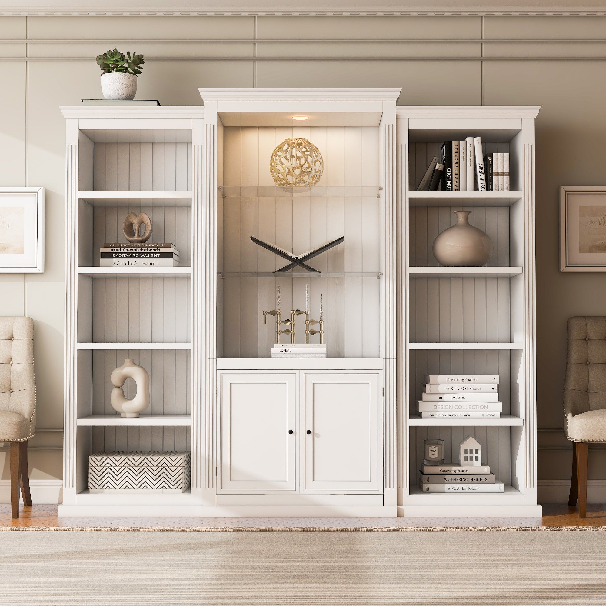 78.75'' Tall 3-Pieces Bookcase Display Cabinet with 5 Colors Adjustable LED Ceiling Light, Retro style Bookshelves with tempered glass shelves for Living Room, Office, Studio or Workspace, White