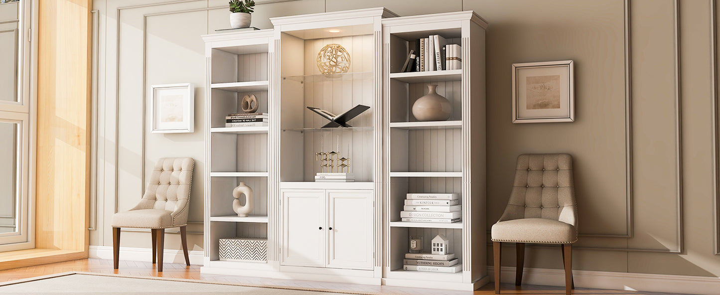 78.75'' Tall 3-Pieces Bookcase Display Cabinet with 5 Colors Adjustable LED Ceiling Light, Retro style Bookshelves with tempered glass shelves for Living Room, Office, Studio or Workspace, White