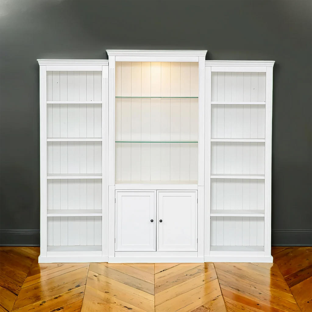 78.75'' Tall 3-Pieces Bookcase Display Cabinet with 5 Colors Adjustable LED Ceiling Light, Retro style Bookshelves with tempered glass shelves for Living Room, Office, Studio or Workspace, White