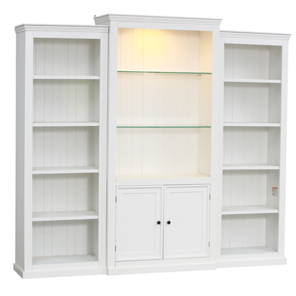 78.75'' Tall 3-Pieces Bookcase Display Cabinet with 5 Colors Adjustable LED Ceiling Light, Retro style Bookshelves with tempered glass shelves for Living Room, Office, Studio or Workspace, White