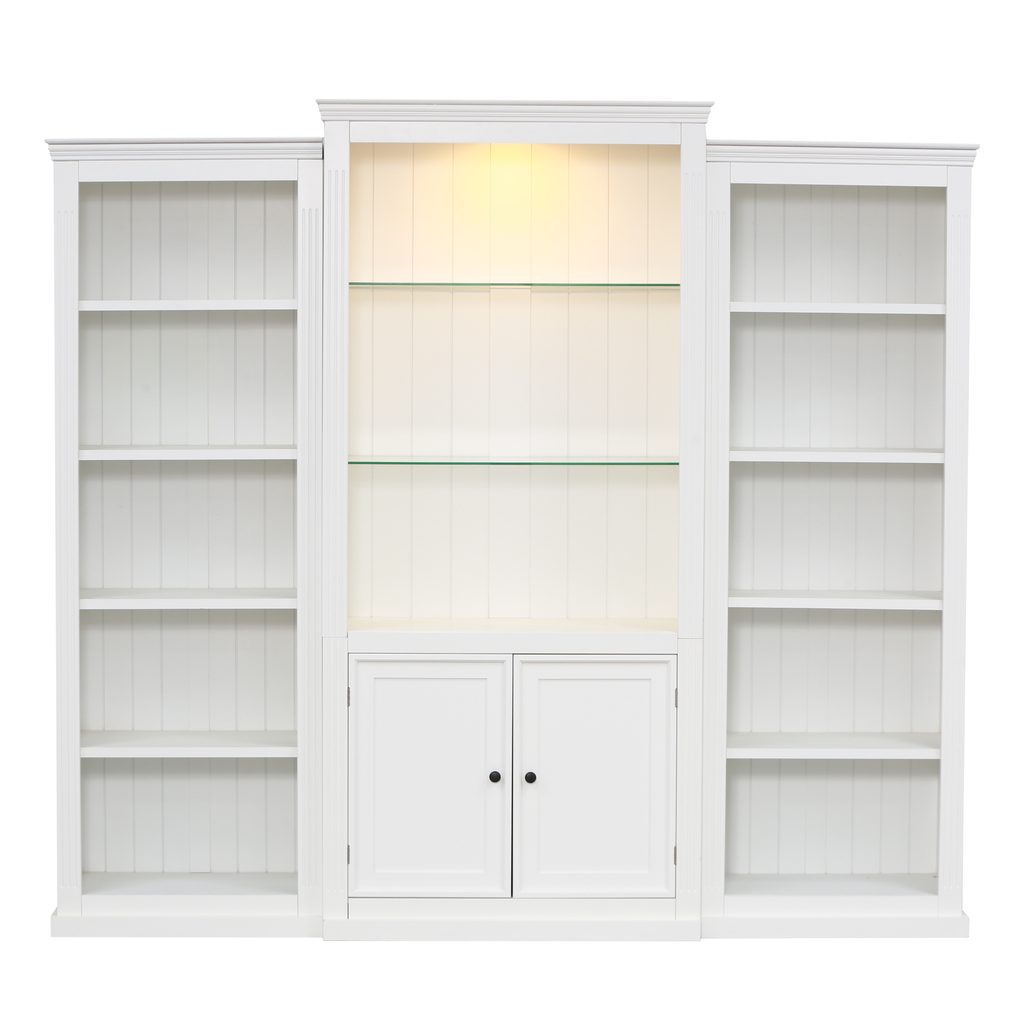 78.75'' Tall 3-Pieces Bookcase Display Cabinet with 5 Colors Adjustable LED Ceiling Light, Retro style Bookshelves with tempered glass shelves for Living Room, Office, Studio or Workspace, White