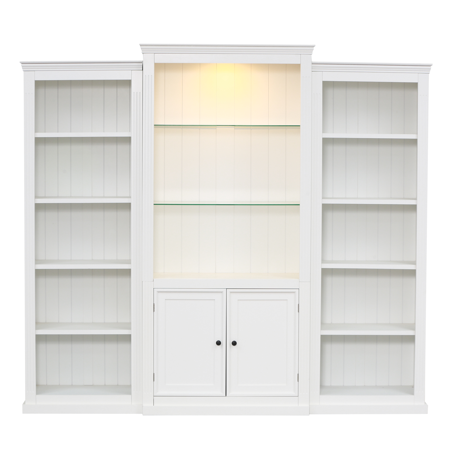 78.75'' Tall 3-Pieces Bookcase Display Cabinet with 5 Colors Adjustable LED Ceiling Light, Retro style Bookshelves with tempered glass shelves for Living Room, Office, Studio or Workspace, White