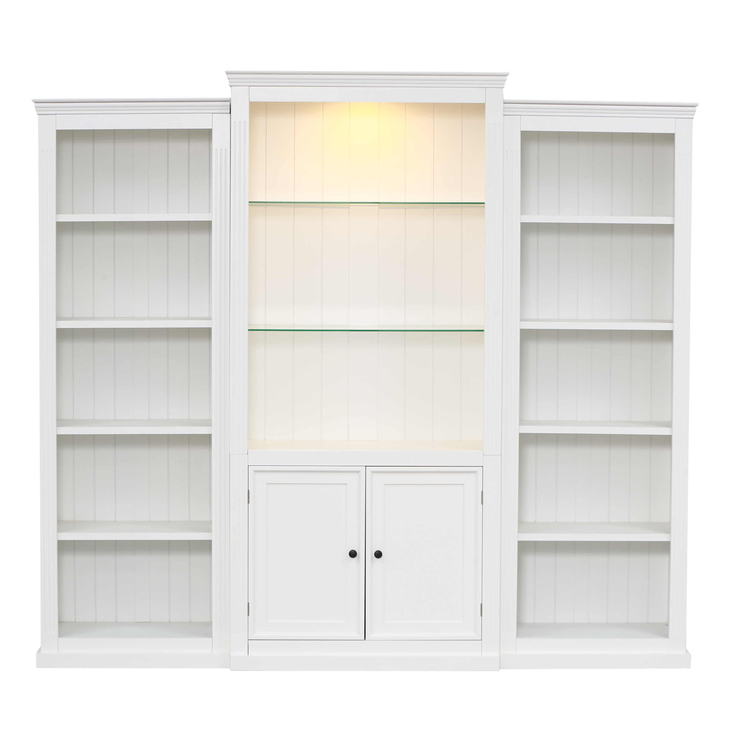 78.75'' Tall 3-Pieces Bookcase Display Cabinet with 5 Colors Adjustable LED Ceiling Light, Retro style Bookshelves with tempered glass shelves for Living Room, Office, Studio or Workspace, White