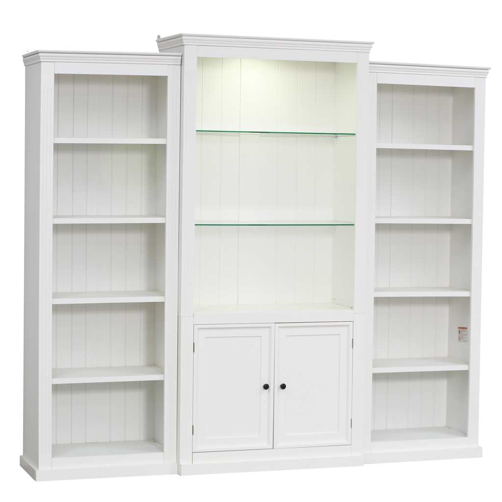 78.75'' Tall 3-Pieces Bookcase Display Cabinet with 5 Colors Adjustable LED Ceiling Light, Retro style Bookshelves with tempered glass shelves for Living Room, Office, Studio or Workspace, White