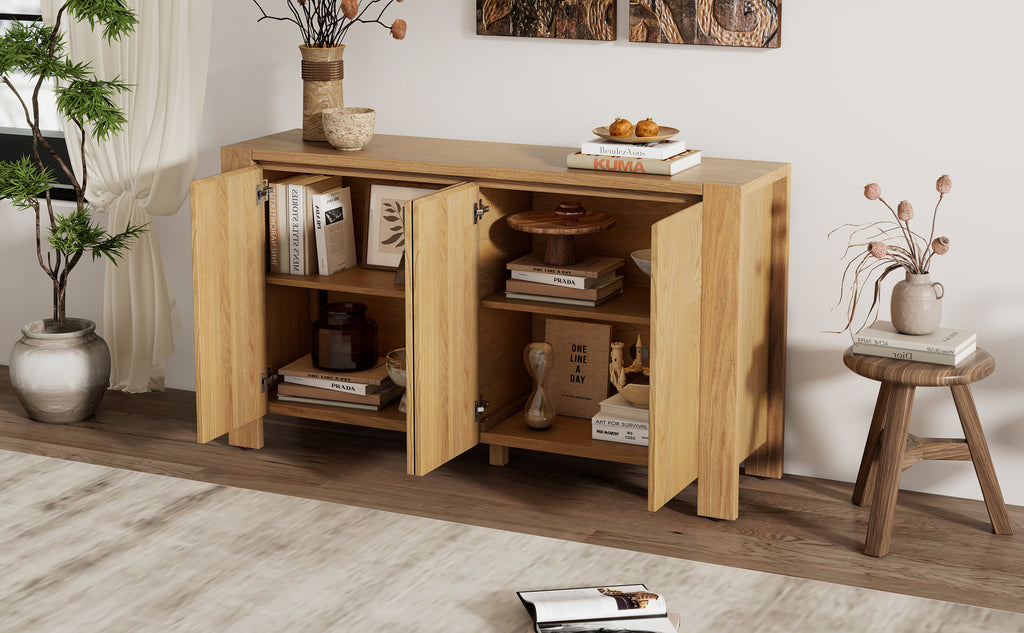 TREXM Buffet Cabinet with Storage, 4-Door Retro Wood Sideboard with Distressed Finish and Adjustable Shelves for Dining Room, Kitchen, and Living Room (Natural)