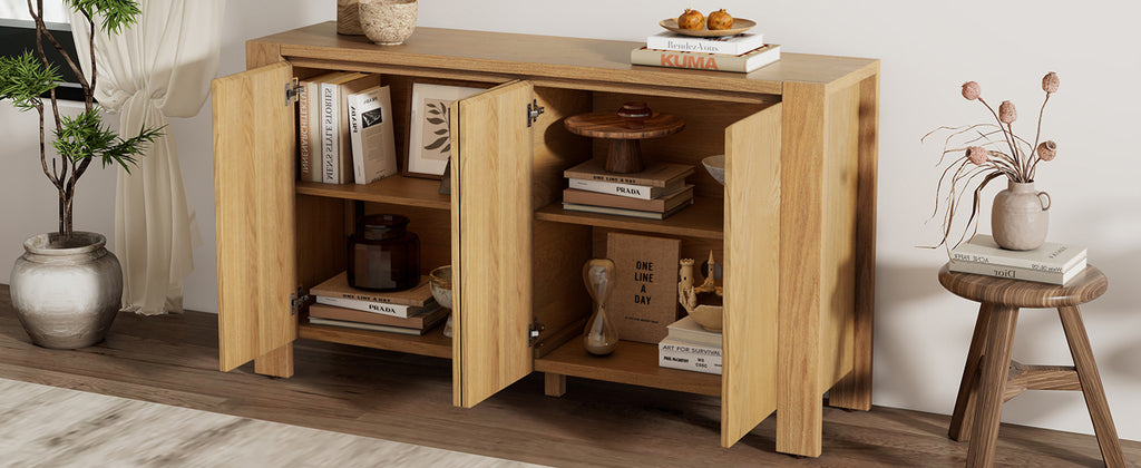 TREXM Buffet Cabinet with Storage, 4-Door Retro Wood Sideboard with Distressed Finish and Adjustable Shelves for Dining Room, Kitchen, and Living Room (Natural)