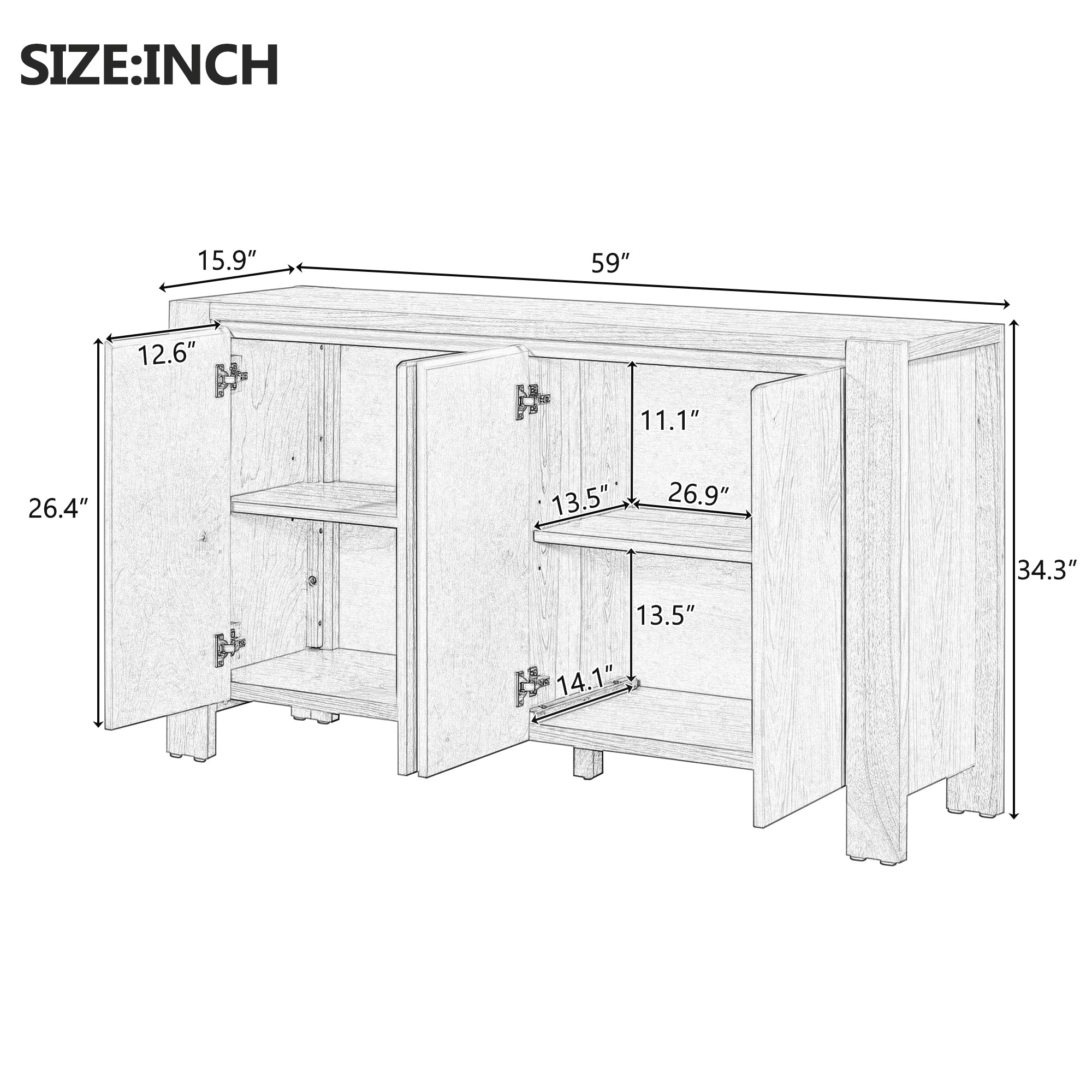 TREXM Buffet Cabinet with Storage, 4-Door Retro Wood Sideboard with Distressed Finish and Adjustable Shelves for Dining Room, Kitchen, and Living Room (Natural)